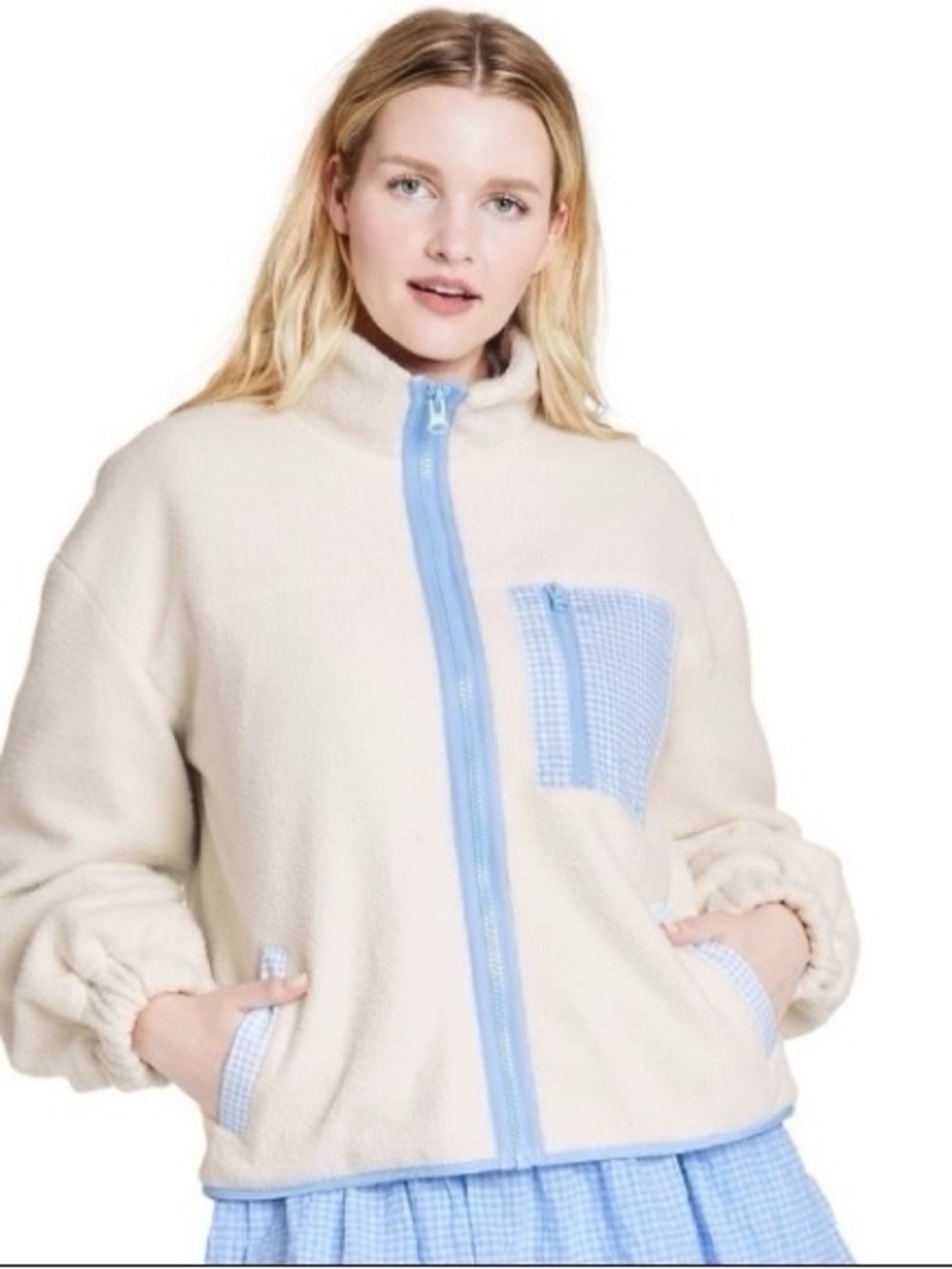 Sandy Liang x Target Gingham Pocket Sherpa Jacket, Cream/Light Blue, Sz XS NWT